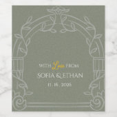 Sage Green Ornate Arch Botanical Wedding Favor Wijn Etiket (Enkel label)