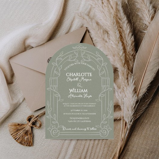 Sage Green Ornate Arch Botanical Wedding Kaart