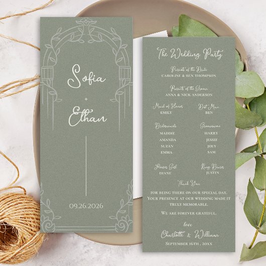 Sage Green Ornate Arch Botanical Wedding Program  Kaart