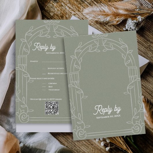 Sage Green Ornate Arch Botanical Wedding Reply By RSVP Kaartje