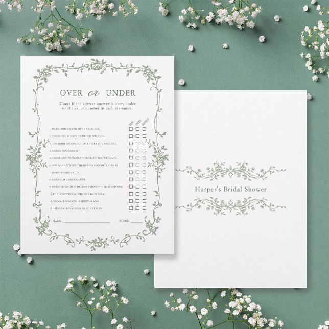 Sage Green 'Over or Under' Vrijgezellenfeest spel (Front & Back)
