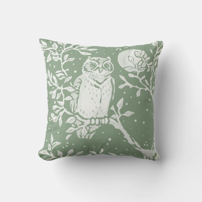 Sage Green Owl Woodland Moon Natuur Sierkussen (Voorkant)
