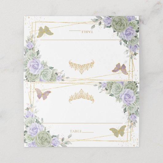 Sage Green Paarse Roos Bloemen Quinceañera Verjaar Plaatskaartje (Buitenkant ongevouwen)