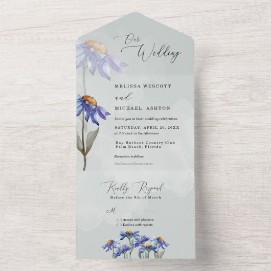 Sage Green Paarse Waterverf Daisy Modern Wedding All In One Uitnodiging (Binnen)
