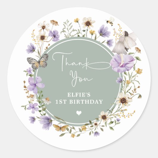 Sage Green Paarse Wildflower Fairy Eerste Verjaard Ronde Sticker (Voorkant)