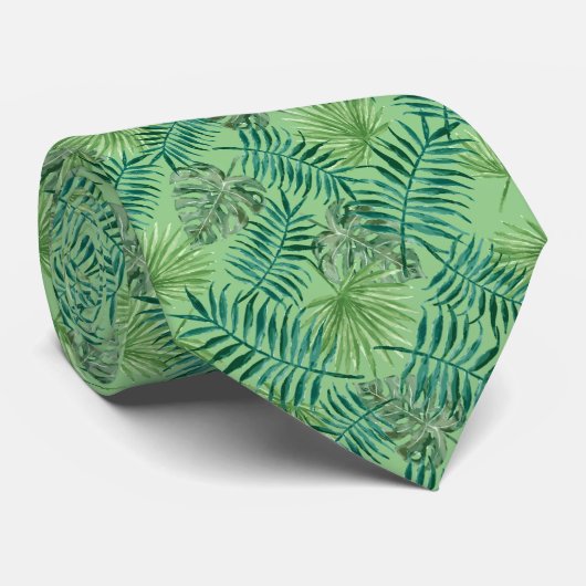 Sage Green Palm Leaf Pattern Tropische Stropdas (Opgerold)