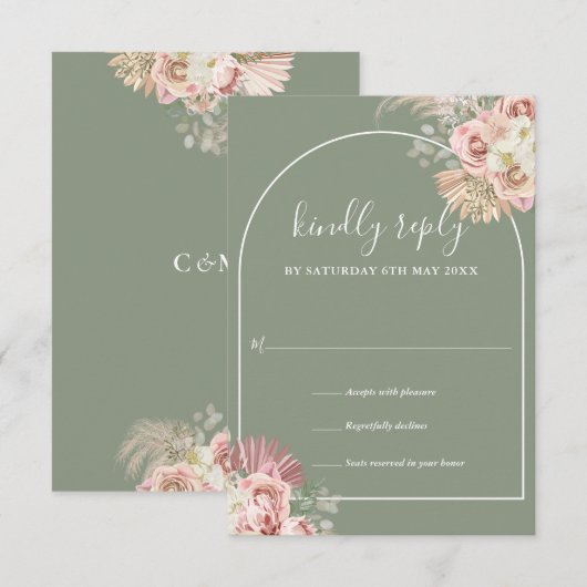 Sage Green Pampas Grass Arch Floral Monogram RSVP Kaartje (Voorkant / Achterkant)