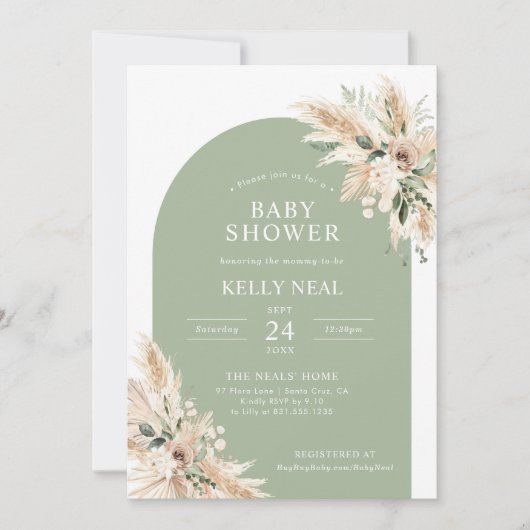 Sage Green Pampas Grass Baby shower Invitation Kaart (Voorkant)
