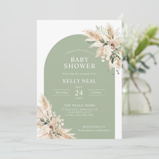 Sage Green Pampas Grass Baby shower Invitation Kaart (Staand voorkant)
