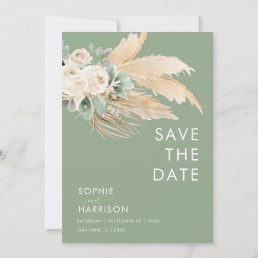 Sage Green Pampas grass Boho Save the Date Kaart (Voorkant)