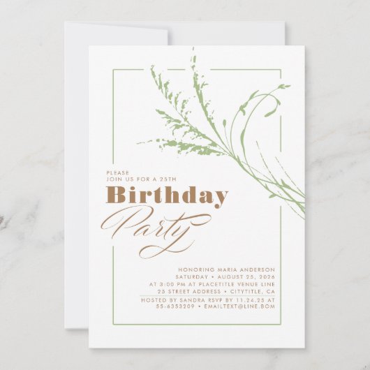 Sage Green Pampas Grass Modern Birthday Party Kaart (Voorkant)