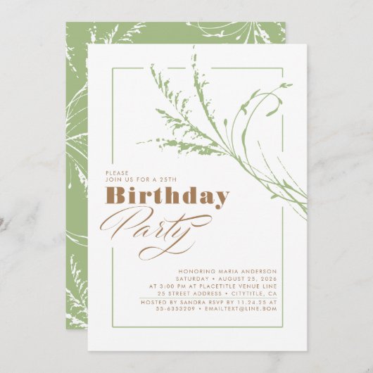 Sage Green Pampas Grass Modern Birthday Party Kaart (Voorkant / Achterkant)