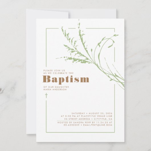 Sage Green Pampas Grass Modern Minimalist Baptisme Kaart (Voorkant)