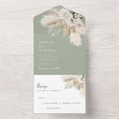 Sage Green Pampas Waterverf Bloemen Huwelijk All In One Uitnodiging (Binnen)
