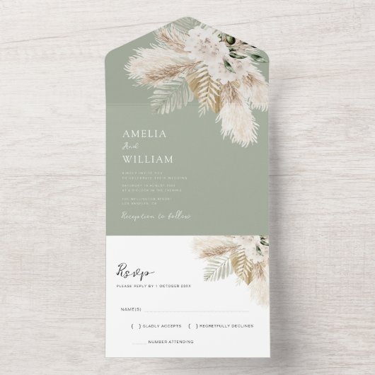Sage Green Pampas Waterverf Bloemen Huwelijk All In One Uitnodiging (Binnen)