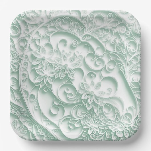 Sage Green Paper Quilling Daisy Design Papieren Bordje (Voorkant)
