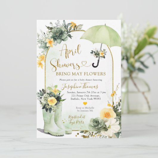 Sage Green Paraplu April Douches Baby shower Kaart (Staand voorkant)