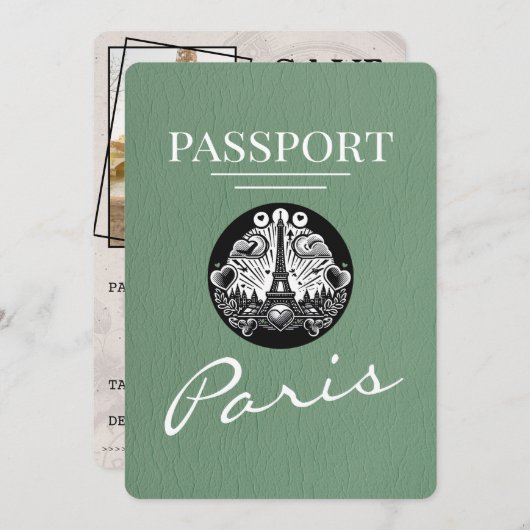 Sage Green Paris Passport Bewaar de datum Save The Date (Voorkant / Achterkant)