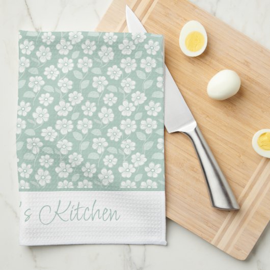 Sage Green Pastel Light Mint Witte Boho Bloemen Theedoek (Quarter Fold)