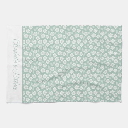 Sage Green Pastel Light Mint Witte Boho Bloemen Theedoek (Horizontaal)