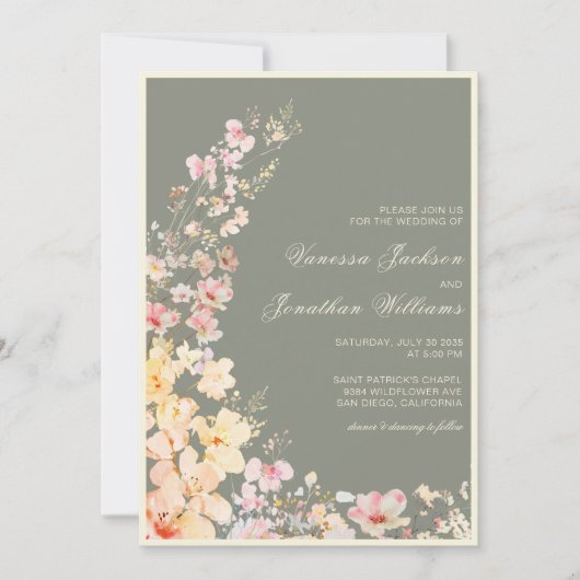 Sage Green Pastel Wildflowers Wedding Kaart (Voorkant)