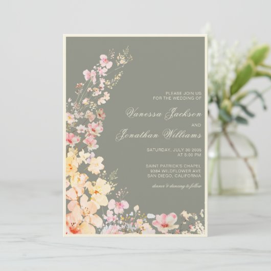 Sage Green Pastel Wildflowers Wedding Kaart (Staand voorkant)