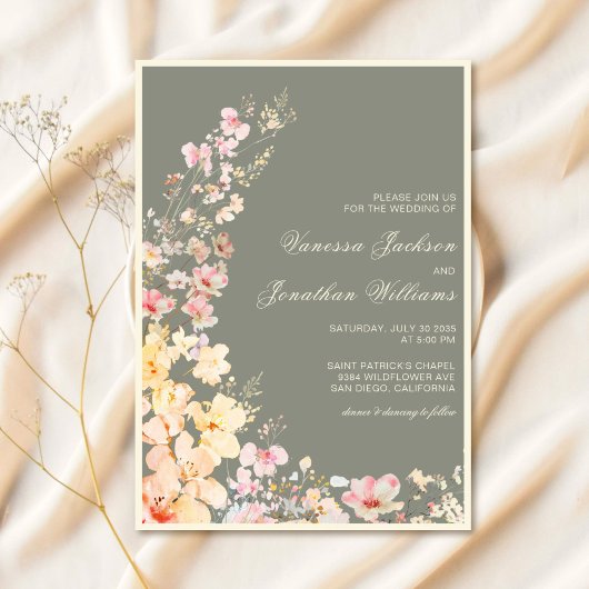 Sage Green Pastel Wildflowers Wedding Kaart