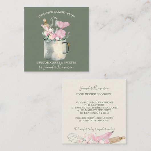 Sage Green Pastry Chef mok Boho chic Bakery Vierkante Visitekaartje (Voorkant / Achterkant)