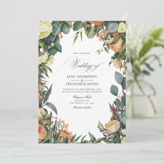 Sage Green, Peach, and Cream Floral Wedding Kaart (Staand voorkant)