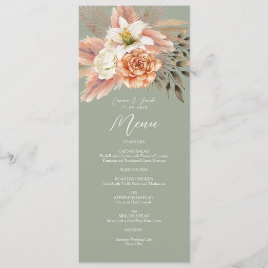 Sage Green Peach Bloemen Trouwdiner Menu (Voorkant)