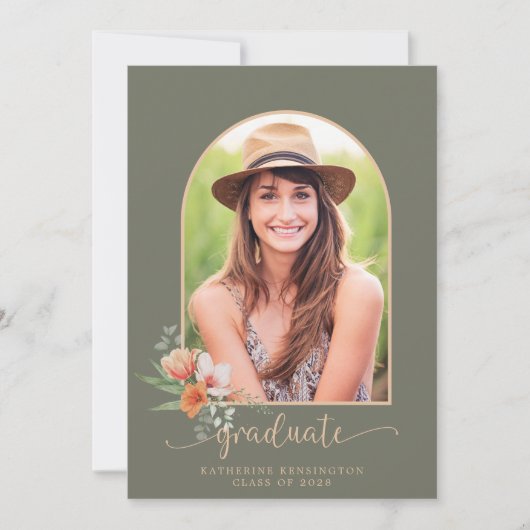 Sage Green Peach Floral Arch Photo Afstuderen Kaart (Voorkant)