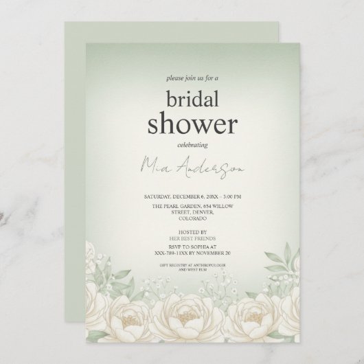 Sage Green Peony Bruids Douche Uitnodiging Kaart (Voorkant / Achterkant)