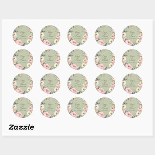 Sage Green Peony Floral Round Sticker (Vel)