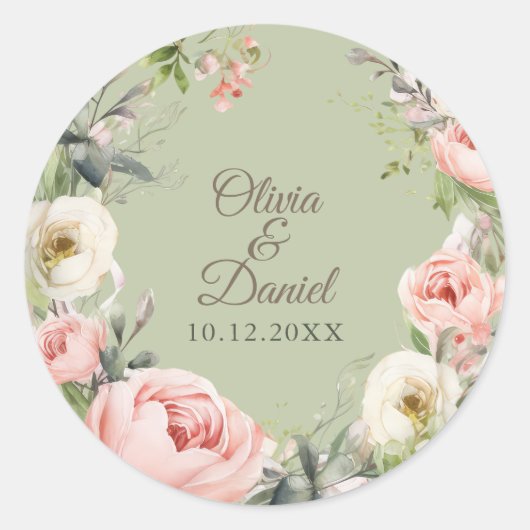 Sage Green Peony Floral Round Sticker (Voorkant)