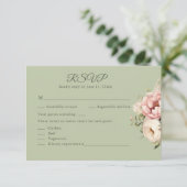 Sage Green Peony Floral RSVP Card Kaartje (Staand voorkant)