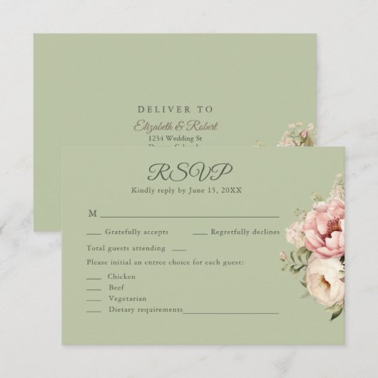 Sage Green Peony Floral RSVP Card Kaartje (Voorkant / Achterkant)
