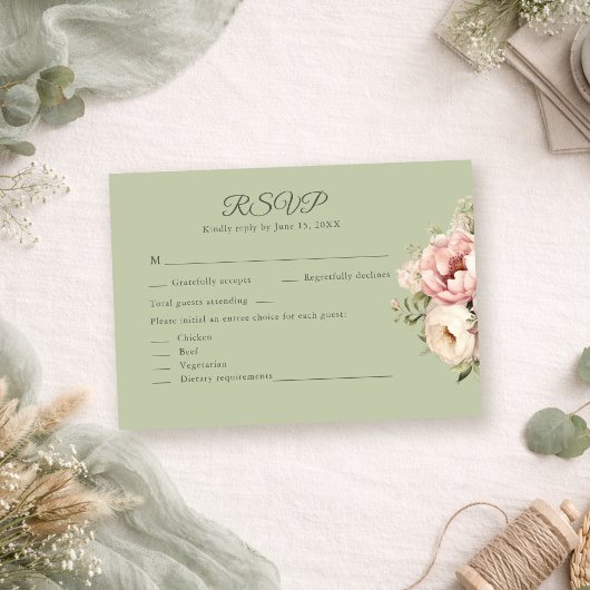Sage Green Peony Floral RSVP Card Kaartje