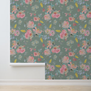 Sage Green Peony Floral Watercolor Botanical Behang
