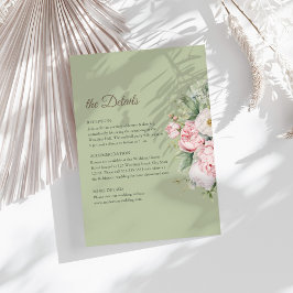 Sage Green Peony Floral Wedding Details Card Kaart