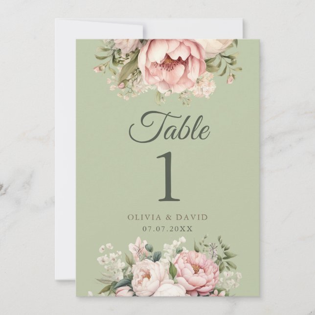 Sage Green Peony Floral Wedding Table Number (Voorkant)