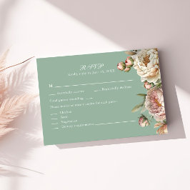Sage Green Peony Garden Wedding RSVP Card Kaartje
