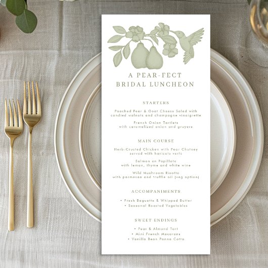 Sage Green Perfect Pear Bridal Luncheon Menu Kaart