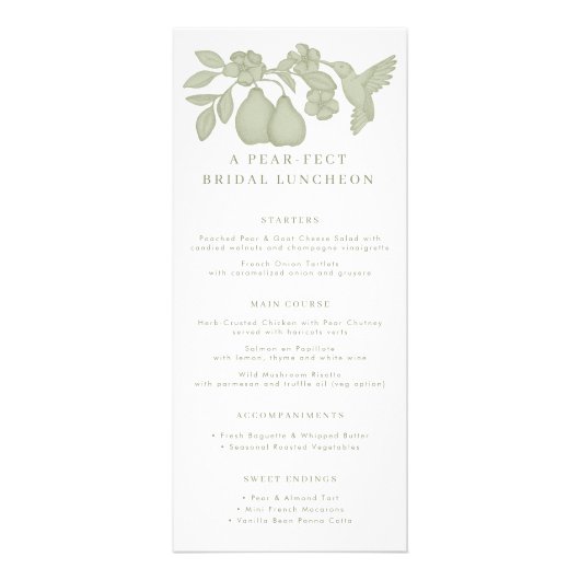 Sage Green Perfect Pear Bridal Luncheon Menu Kaart (Voorkant)