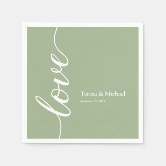 Sage green Personalized names Love script Napkins Servet (Voorkant)