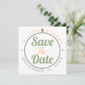 Sage green, perziktypografie foto op de achterkant save the date (Staand voorkant)