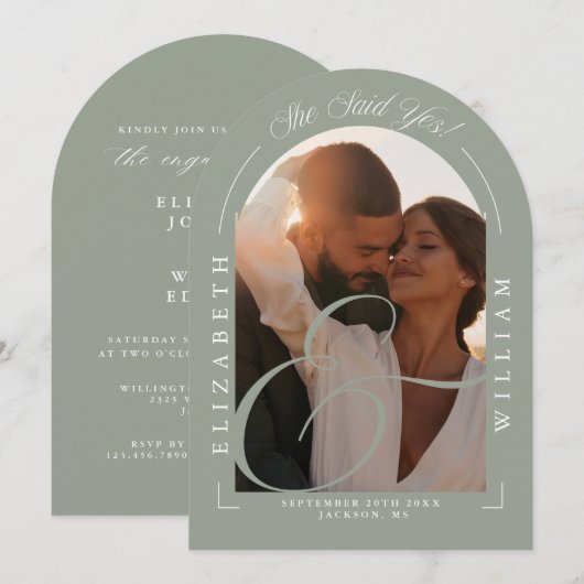 Sage Green Photo Arch Calligraphy Engagement Party Kaart (Voorkant / Achterkant)