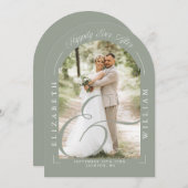 Sage Green Photo Arch Script Huwelijksreceptie Kaart (Voorkant / Achterkant)