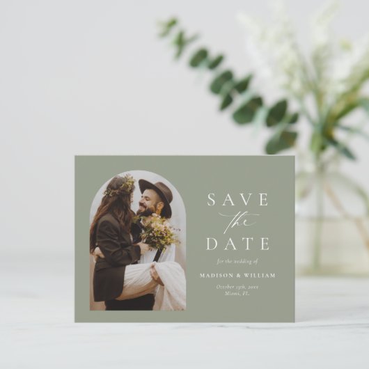 Sage Green Photo Arch Wedding Sla de datum op Briefkaart (Staand voorkant)