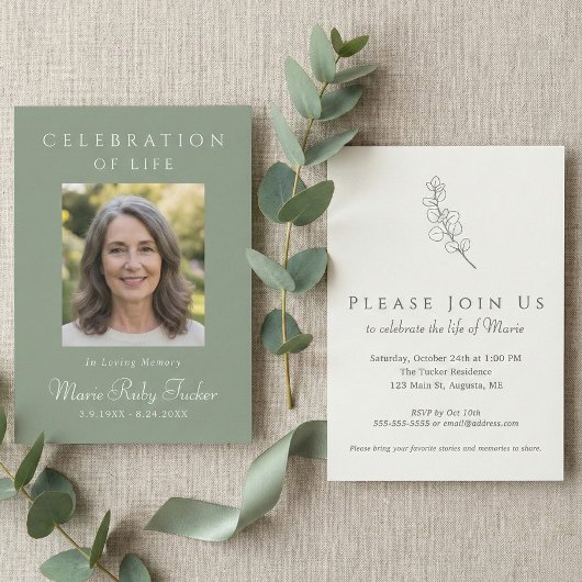 Sage Green Photo Celebration of Life Invitation Kaart