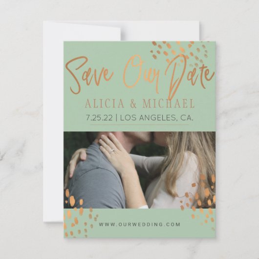 Sage Green PHOTO Faux Roos Gold Folie Typografie Save The Date (Voorkant)